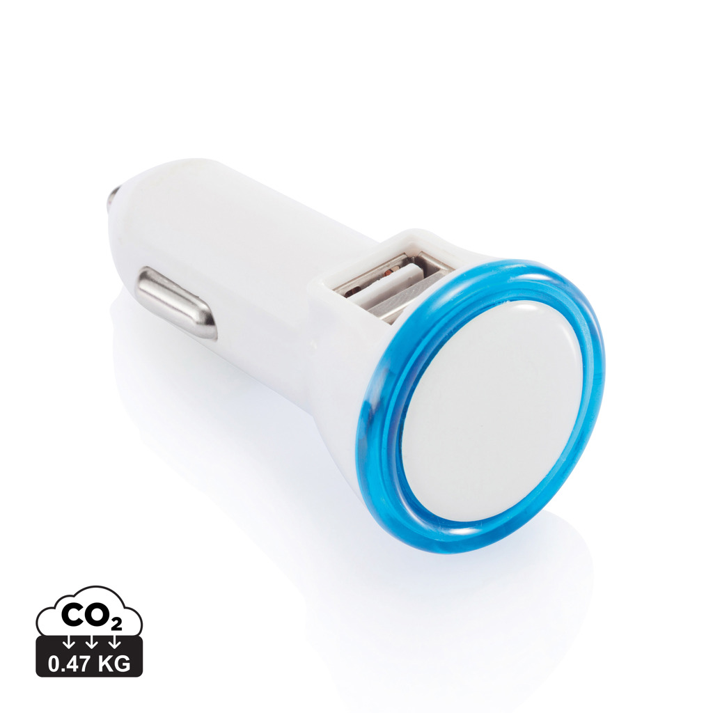 Promo Prijenosni punjač za auto s dvostrukim USB portom i integriranim LED svjetlom na vrhu, bijele boje