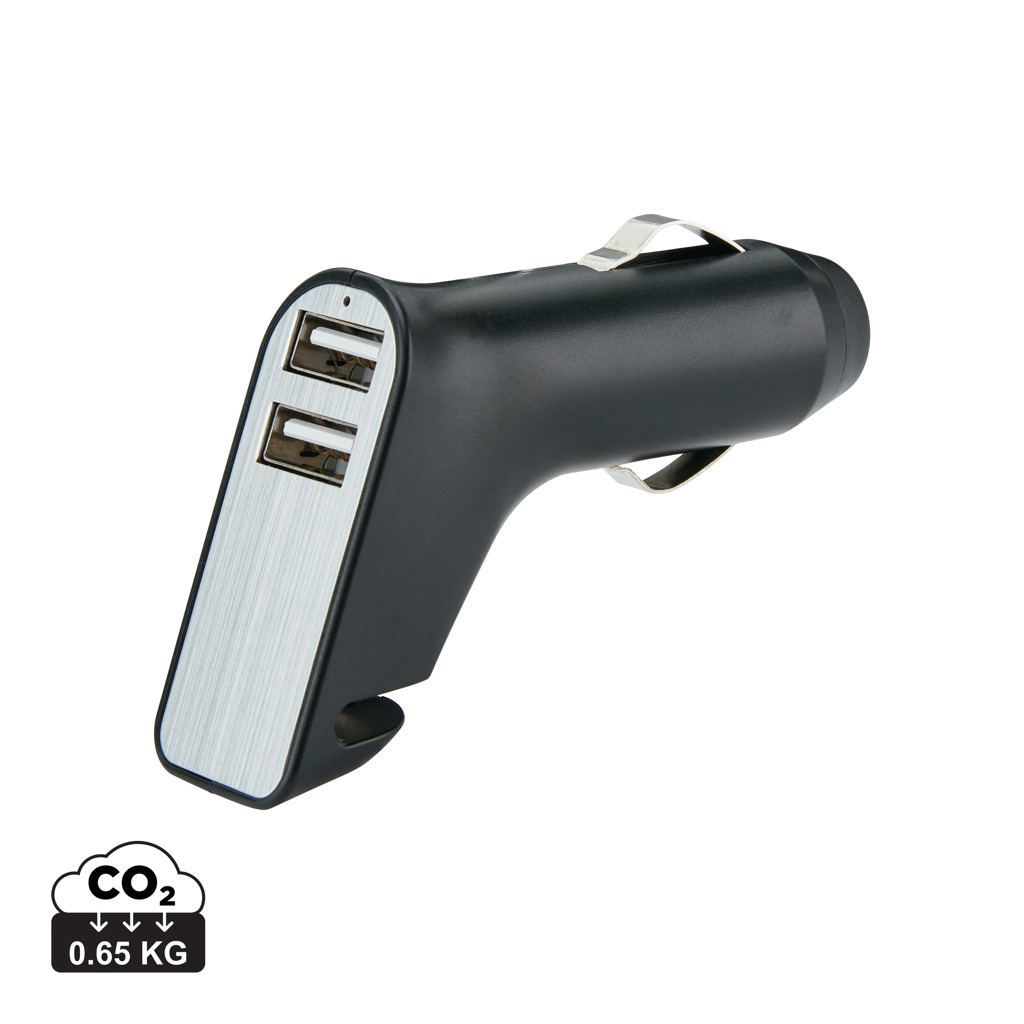 Promo USB punjač za automobil s 2 porta, rezačem pojasa i čekićem za staklo, crne boje, srebrne boje