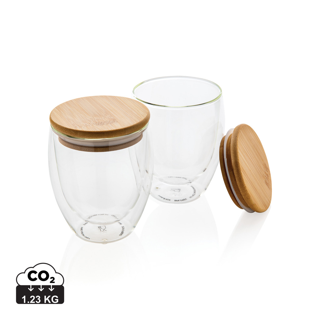 Double wall borosilicate glass with bamboo lid 250ml 2pc set s tiskom 