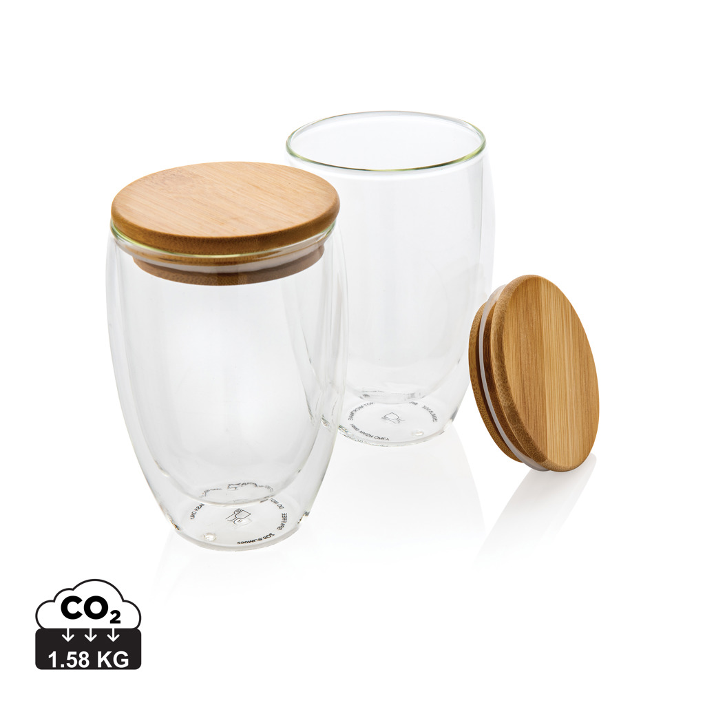 Double wall borosilicate glass with bamboo lid 350ml 2pc set s tiskom 