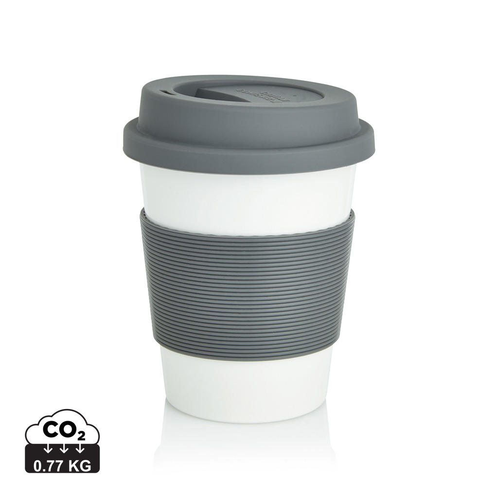 PLA, šalica za kavu s poklopcem, kapaciteta 350 ml, proizvedeno od 100!% biorazgradivi biljnog materijala PLA, bijele boje, sive boje s tiskom 