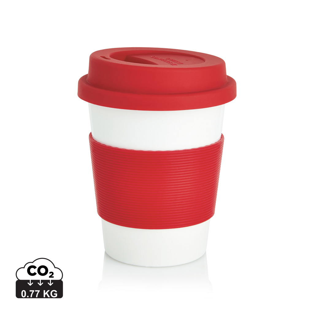 PLA, šalica za kavu s poklopcem, kapaciteta 350 ml, proizvedeno od 100!% biorazgradivi biljnog materijala PLA, bijele boje, crvene boje s tiskom 