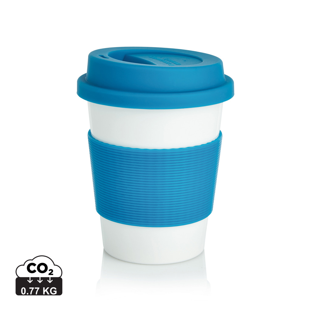PLA, šalica za kavu s poklopcem, kapaciteta 350 ml, proizvedeno od 100!% biorazgradivi biljnog materijala PLA, bijele boje, plave boje s tiskom 