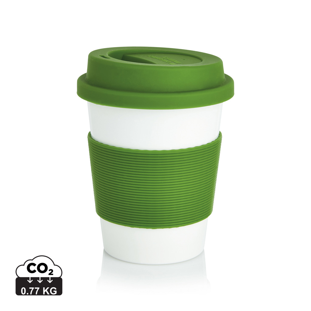PLA, šalica za kavu s poklopcem, kapaciteta 350 ml, proizvedeno od 100!% biorazgradivi biljnog materijala PLA, bijele boje, zelene boje s tiskom 