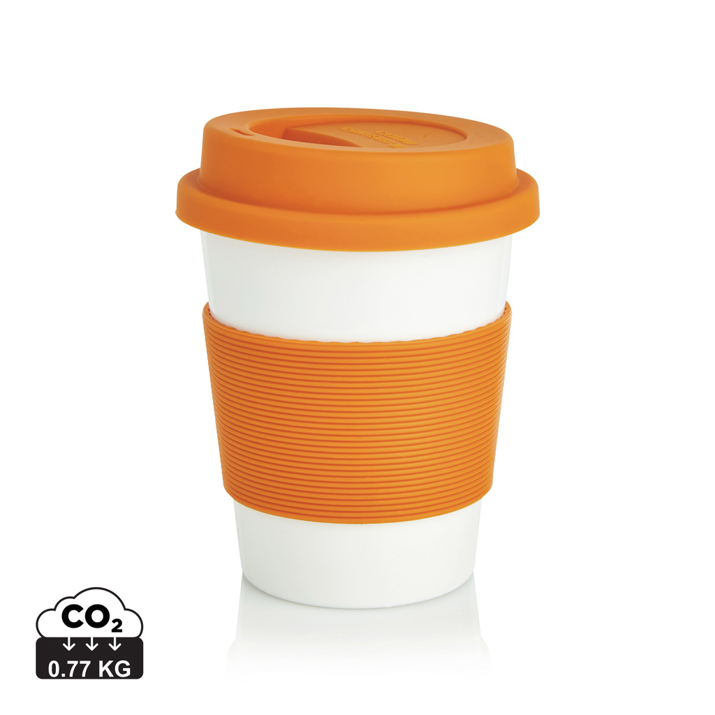 PLA, šalica za kavu s poklopcem, kapaciteta 350 ml, proizvedeno od 100!% biorazgradivi biljnog materijala PLA, bijele boje, narančaste boje s tiskom 