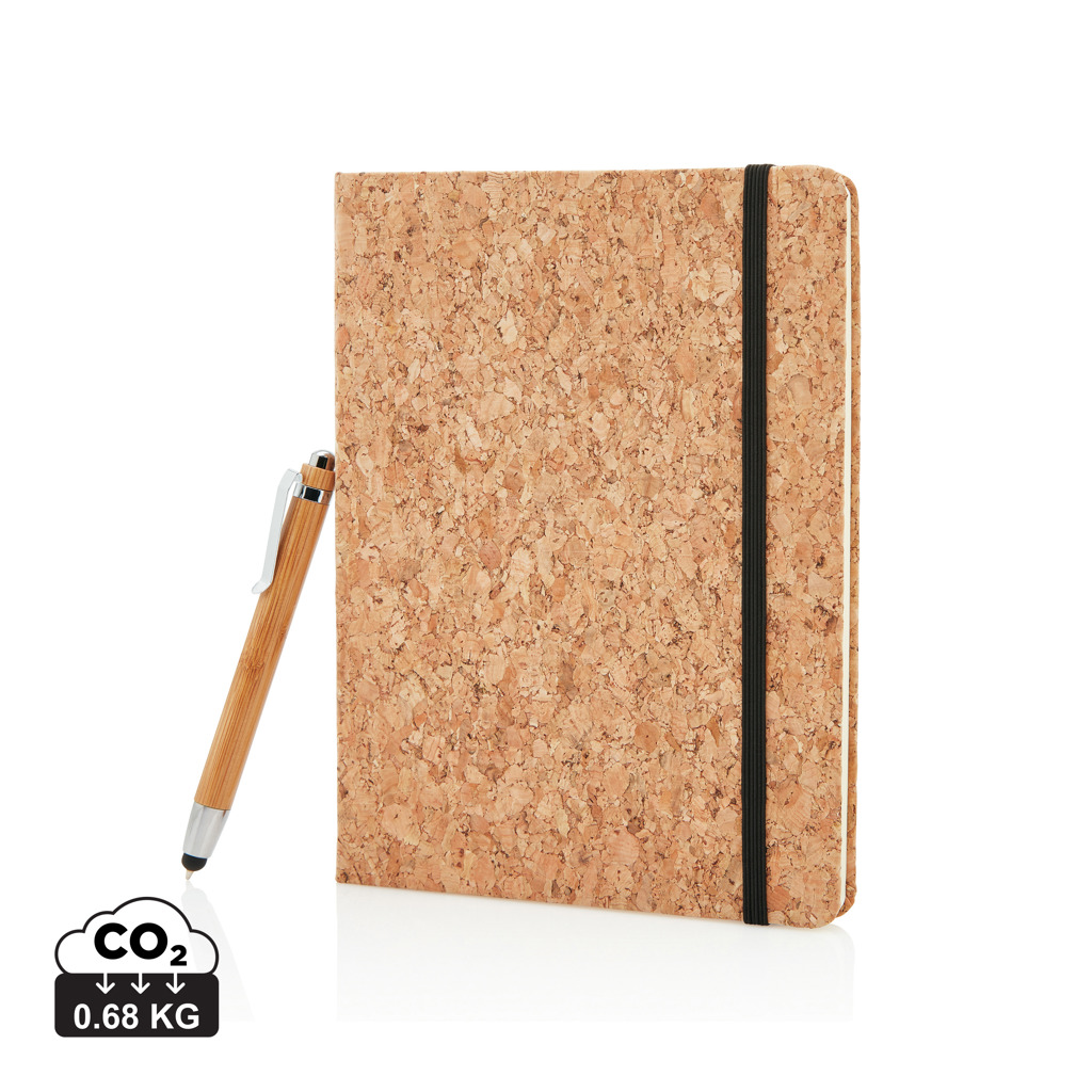 Cork ECO A5 bilježnica s kemijskom olovkom od bambusa, smeđe boje s tiskom 