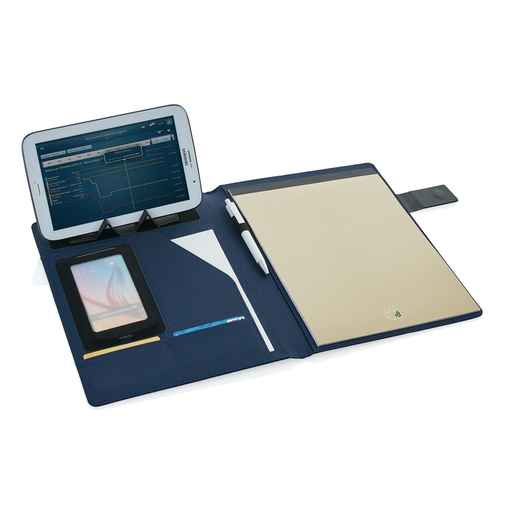 A4 portfolio s magnetnim zatvaračem, sadrži unutarnji stalak za mobitel ili tablet, pretince za kartice i notes, crne boje s logom 