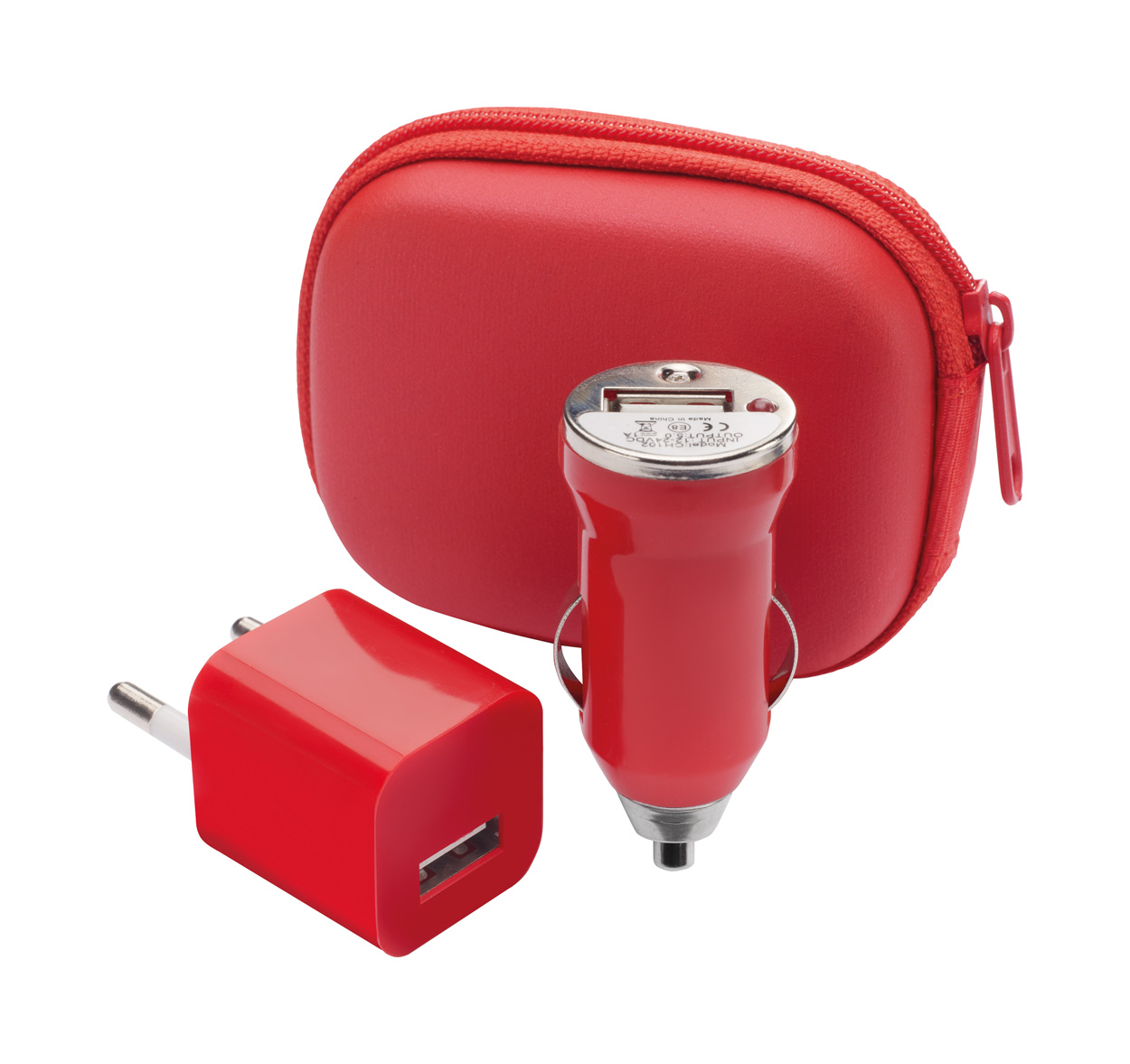 Promo Canox set - USB punjač i USB auto punjač - u torbici sa max izlazom od 1000 mA, crvene boje
