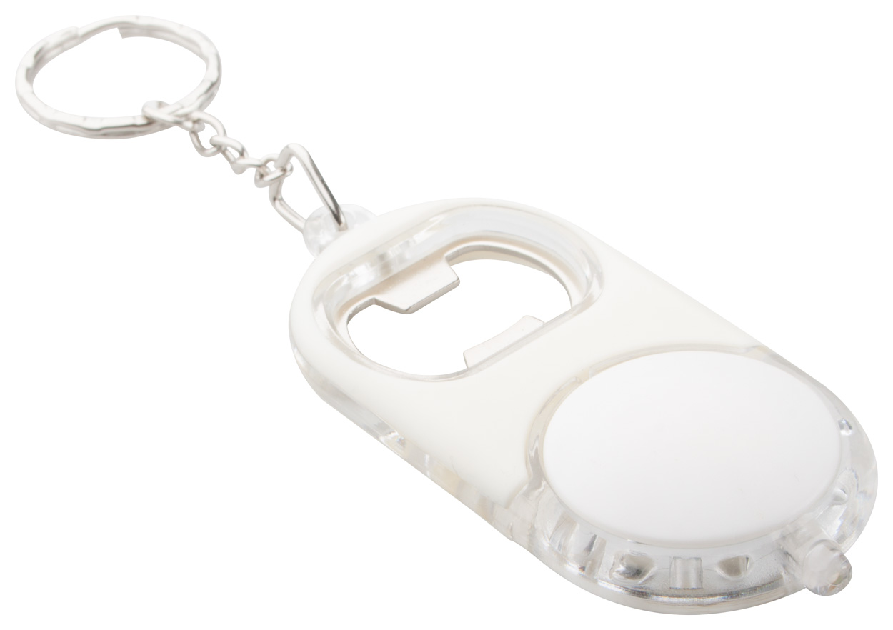Promo  Stout plastični otvarač za boce s LED svjetiljkom na metalnom privjesku, bijele boje