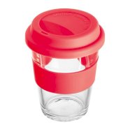 Glass mug with silicon sleeve and lid s tiskom 