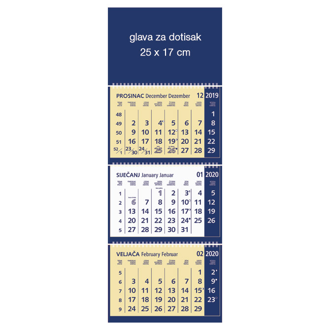 Promo  Kalendar zidni trodijelni 2023. s 3 spirale plavi