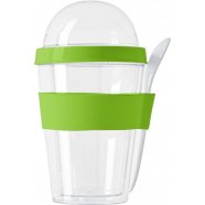 Plastic breakfast mug with separate compartment., Light gree s tiskom logotipa 