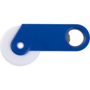 Plastic pizza cutter and bottle opener, cobalt blue s tiskom logotipa 