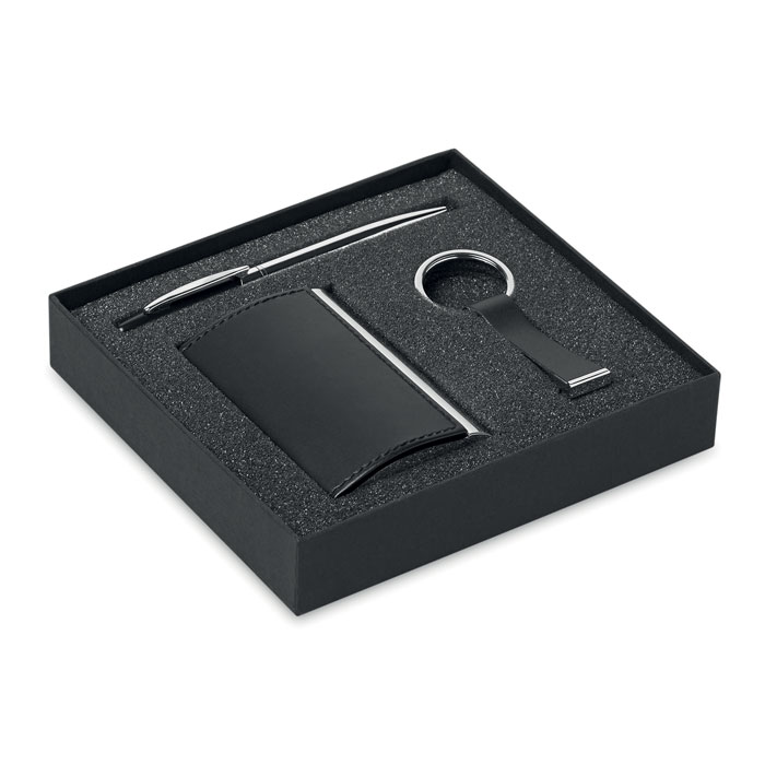 Promo  Poslovni set za poklon s kemijskom olovkom, privjeskom za ključeve i držač kartica u kutiji, crne boje