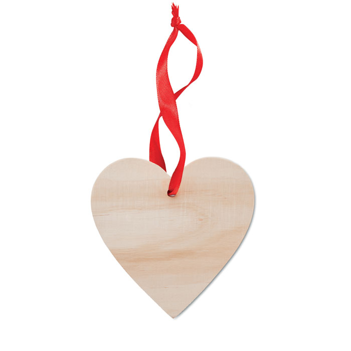 WOOHEART, Drveni viseći ukras u obliku srca s crvenom vrpcom 